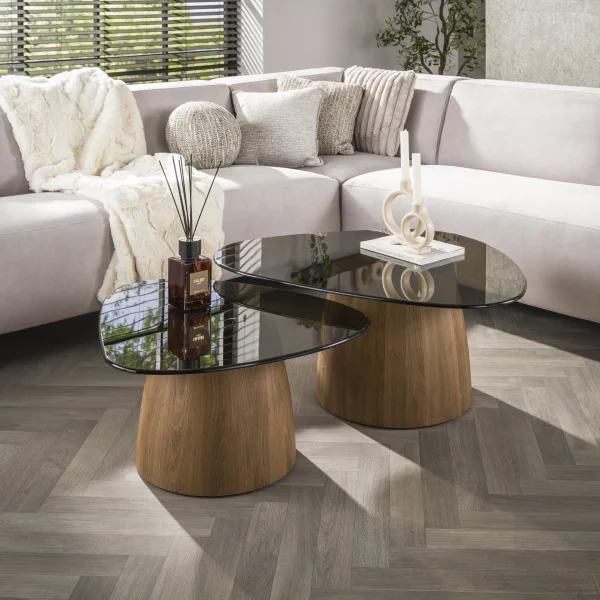 LifestyleFurn Organische Salontafel Kely Driehoek, set van 2 stuks, Brons glas - Bruin