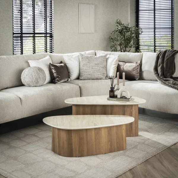 LifestyleFurn Organische Salontafel Laycie Keramiek in Travertinlook, Set van 2 stuks - Ceramic travertine