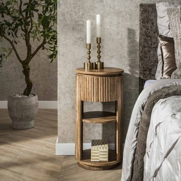 LifestyleFurn Rond Nachtkastje Sharmila Mangohout, Met 1 lade - Massief mango zand