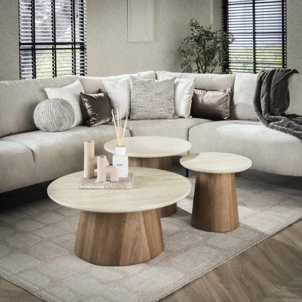 LifestyleFurn Ronde Salontafel Laycie Keramiek in Travertinlook, Set van 3 stuks - Ceramic travertine