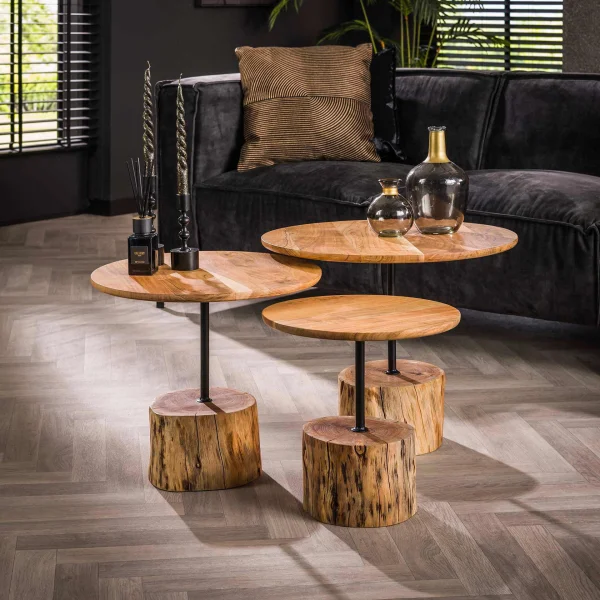 LifestyleFurn Salontafel Charish Acaciahout, Set van 3 stuks - Massief acacia naturel - Rond