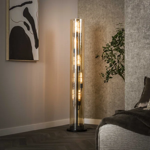 LifestyleFurn Vloerlamp Wessley Amber glas en Artic black, 5-lamps - Artic zwart