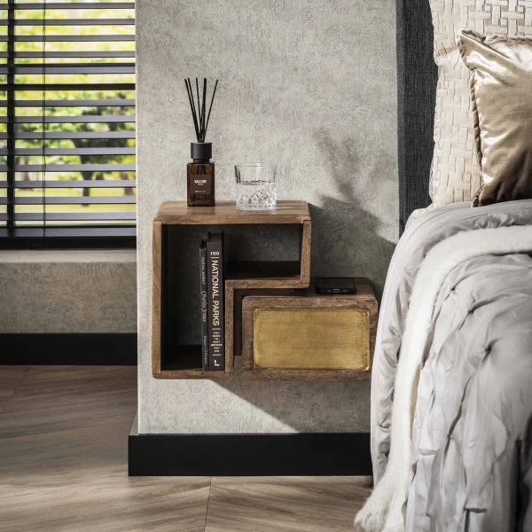 LifestyleFurn Zwevend Nachtkastje Renée Mangohout en brass, Set van 2 stuks - Massief mango zwart