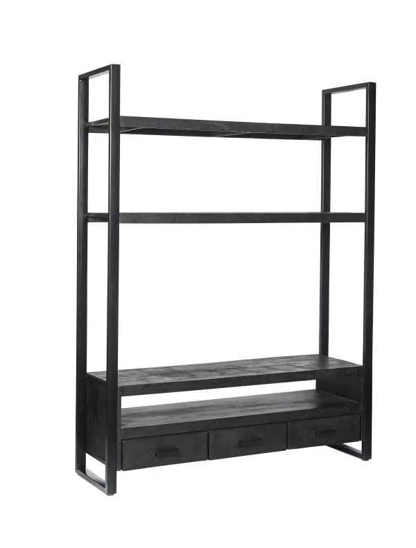 Livingfurn Hoog TV-meubel Norris Mangohout en staal, 150 cm - Zwart