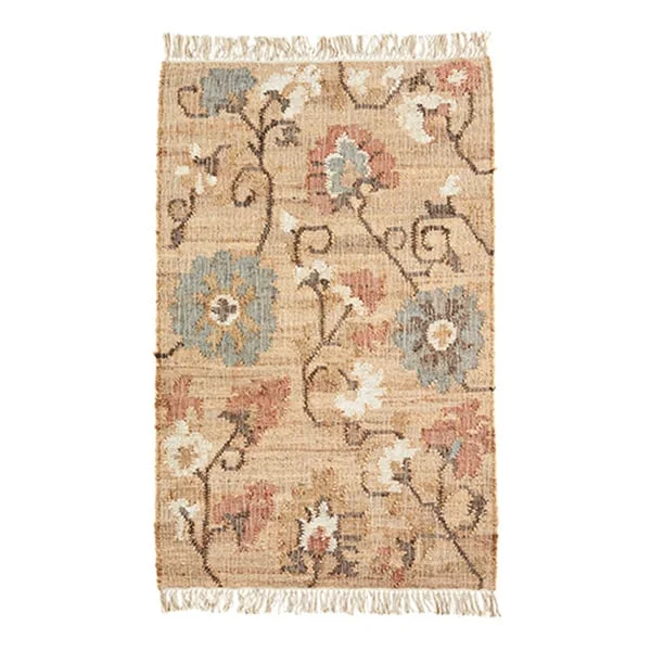 Madam Stoltz-collectie Handgeweven jute vloerkleed Naturel, blauw, oranje wit, bruin