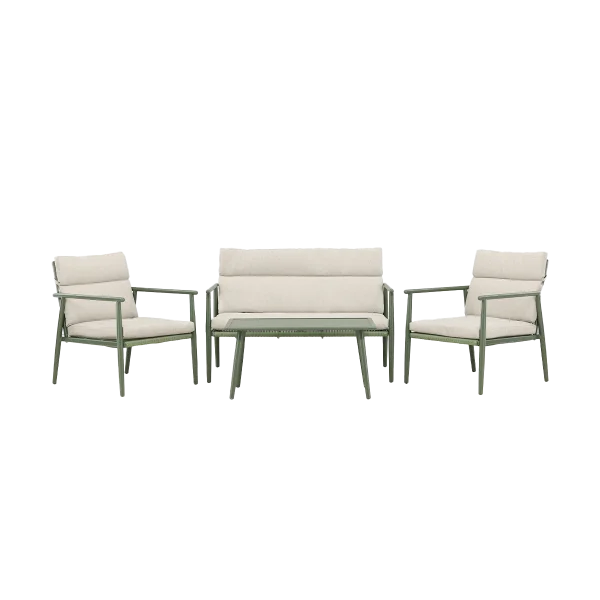 Margret tuin loungeset groen - tweezits bank, twee fauteuils en een salon tafel - met beige zitkussens