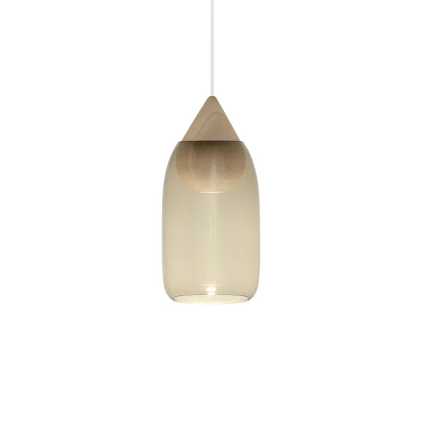 Mater Liuku Drop hanglamp smoked glass, matgelakt lindehout