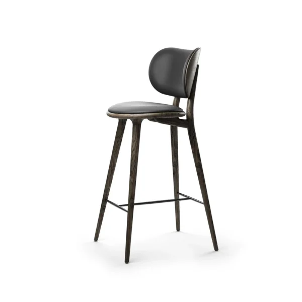 Mater Mater High Stool Backrest barkruk hoog leer zwart, sirka grey eikenhouten onderstel