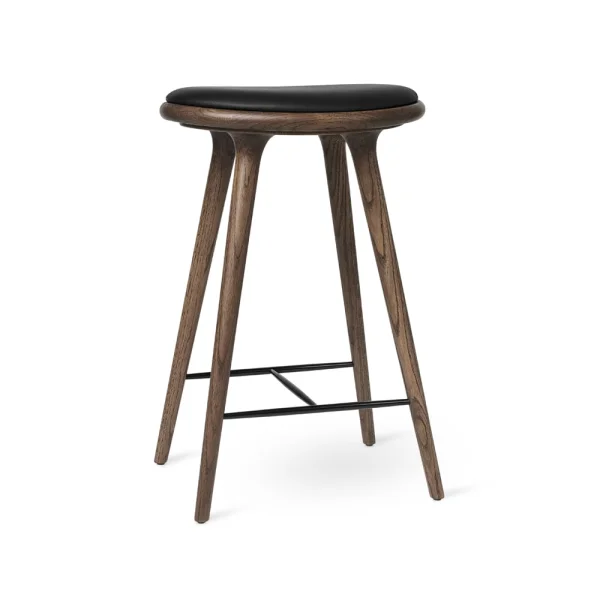 Mater Mater high stool barkruk hoog 74 cm leer zwart, donkergebeitst eikenhouten onderstel