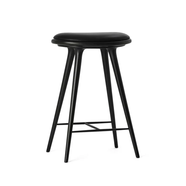 Mater Mater high stool barkruk laag 69 cm leer zwart, onderstel van zwartgebeitst beukenhout