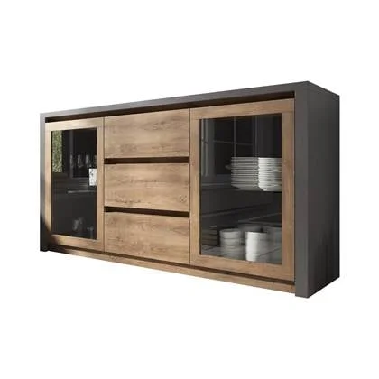 Meubella Dressoir Monaco - Eiken - Grijs - 140 cm - Met glas