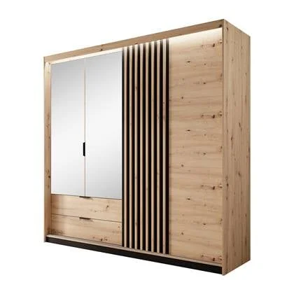 Meubella - Kledingkast Tasha - Eiken - Antraciet - 220 cm- Spiegel