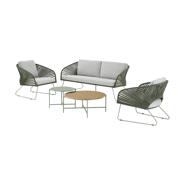 Mischa tuin loungeset groen 5delig - tweezitsbank, twee fauteuils, twee salontafels - met zitkussens