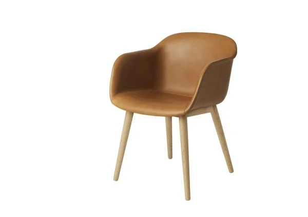 Muuto Fiber Armleunstoel - houten onderstel - Leer cognac - frame eiken