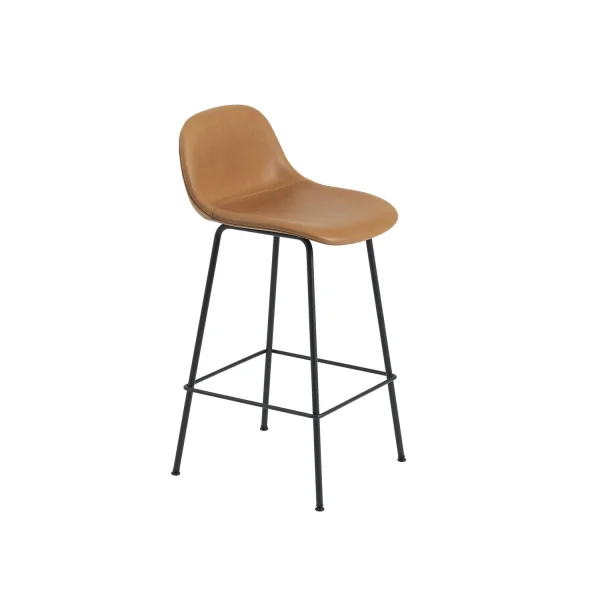 Muuto Fiber barkruk met rugleuning - buisonderstel  - Leer cognac - frame zwart