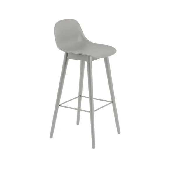 Muuto Fiber barkruk met rugleuning - houten onderstel - grijs - frame grijs - H75