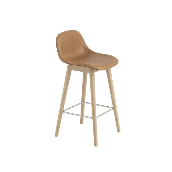 Muuto Fiber barkruk met rugleuning - houten onderstel - Leer cognac - frame eiken - H75