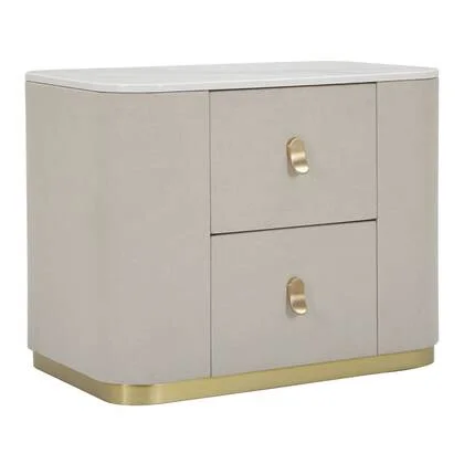 Nachtkastje met 2 lades in hout en beige stof, 60x40x47 cm