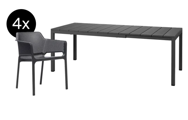 Nardi Bundle Rio uitschuifbare tafel DurelTOP 140 cm + 4x Net Armleunstoel  antraciet