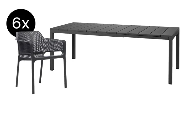 Nardi Bundle Rio uitschuifbare tafel DurelTOP 140 cm + 6x Net Armleunstoel  antraciet