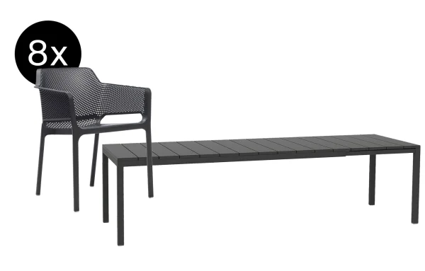 Nardi Bundle Rio uitschuifbare tafel DurelTOP 210 cm + 8x Net Armleunstoel  antraciet