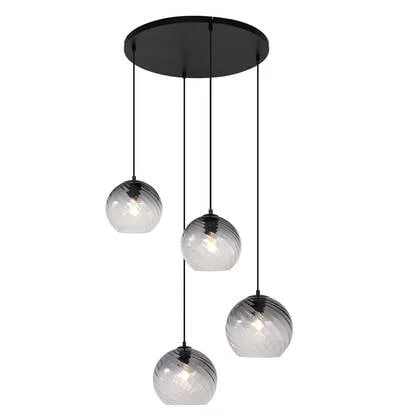 QAZQA Art Deco hanglamp zwart met smoke glas rond 4-lichts - Bao