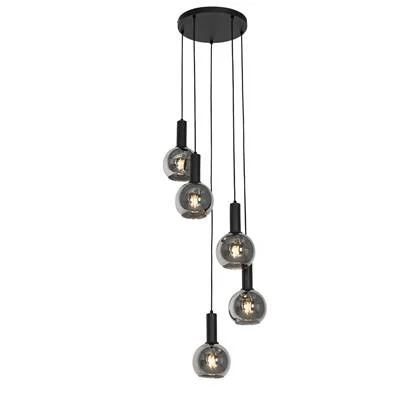 QAZQA Art Deco hanglamp zwart met smoke glas rond 5-lichts - Josje