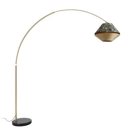 QAZQA Booglamp messing met dubbele velours kap blad dessin en beige -