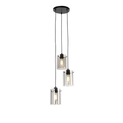 QAZQA Design hanglamp zwart met smoke glas 3-lichts - Dome