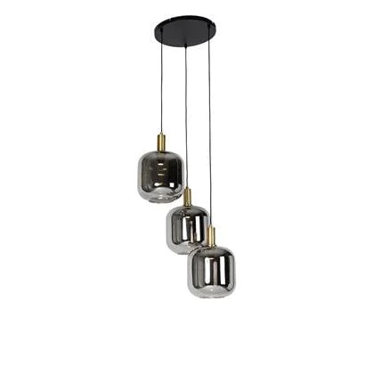 QAZQA Hanglamp zwart met goud en smoke glas incl. 3 PUCC - Zuzanna
