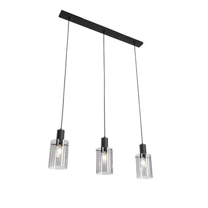 QAZQA Hanglamp zwart met smoke glas langwerpig 3-lichts - Vidra