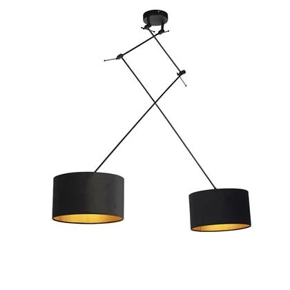 QAZQA Hanglamp zwart met velours kappen zwart met goud 35 cm 2-lichts