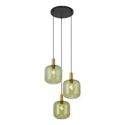 QAZQA Hotel Chique hanglamp zwart met goud en groen glas 3-lichts -