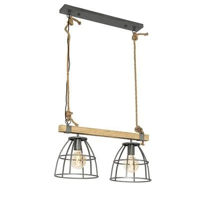 QAZQA Industriële hanglamp donkergrijs met hout 2-lichts - Arthur