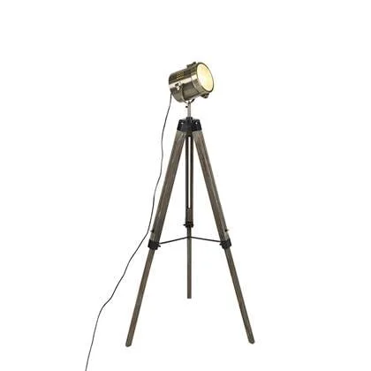 QAZQA Industriële vloerlamp tripod hout met studiospot - Braha