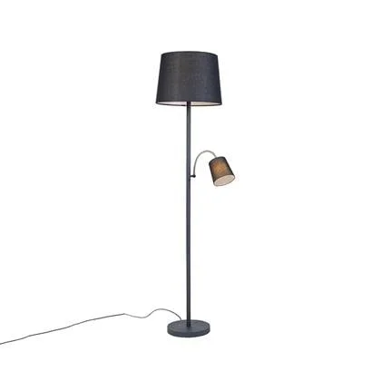 QAZQA Klassieke vloerlamp zwart met zwarte kap en leeslampje - Retro