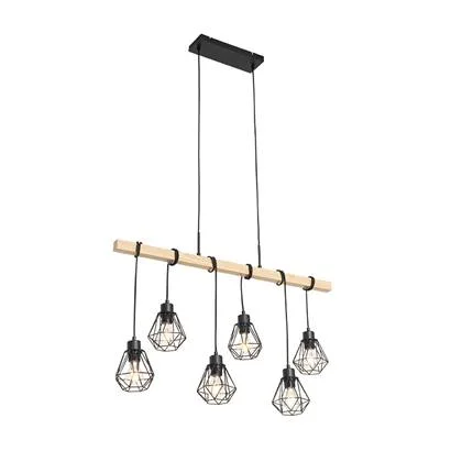 QAZQA Landelijke hanglamp zwart met hout 6-lichts - Chon