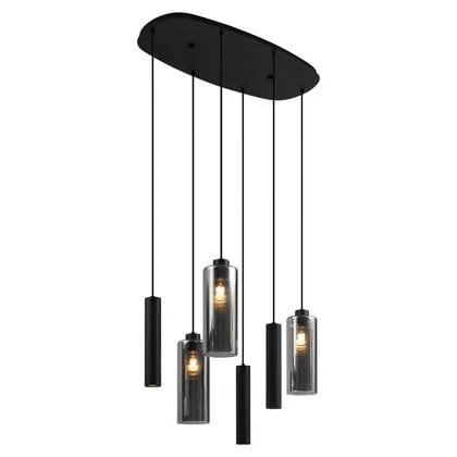 QAZQA Moderne hanglamp zwart met smoke glas 6-lichts - Duplantis