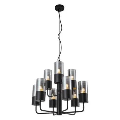 QAZQA Moderne kroonluchter zwart met smoke glas 9-lichts - Laura