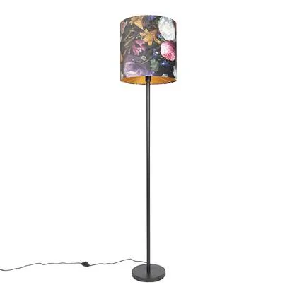 QAZQA Romantische vloerlamp zwart met bloemen kap 40 cm - Simplo