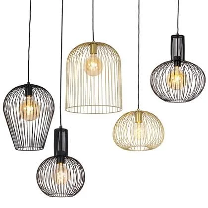 QAZQA Set van 5 design hanglampen zwart en goud - Wires