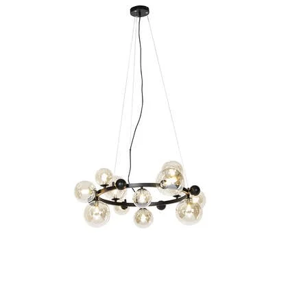 QAZQA Smart hanglamp zwart met amber glas 12-lichts incl. 12 Wifi G9