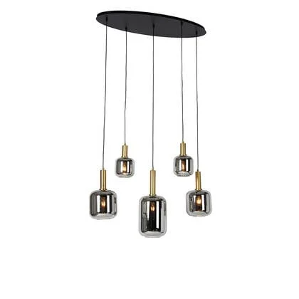 QAZQA Smart hanglamp zwart met goud en smoke glas ovaal 5-lichts