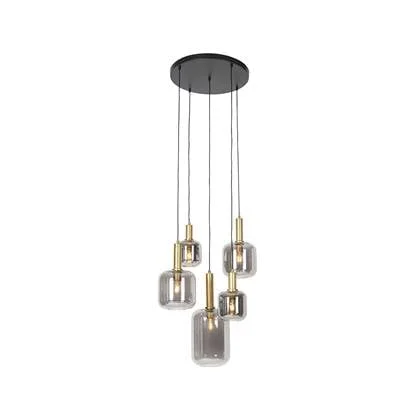 QAZQA Smart hanglamp zwart met goud met smoke glas incl. 5 Wifi A60 -