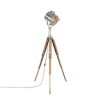 QAZQA Tripod vloerlamp staal met hout studiospot - Radiant