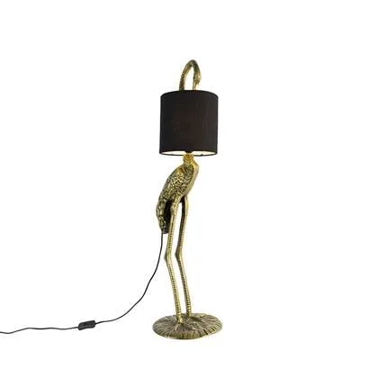 QAZQA Vintage vloerlamp messing stoffen kap zwart - Animal Kraanvogel