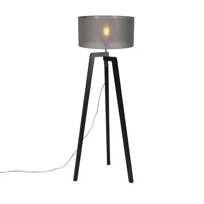 QAZQA Vloerlamp tripod zwart hout met grijze kap 50 cm - Puros