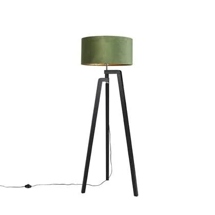 QAZQA Vloerlamp tripod zwart met groene kap en goud 50 cm - Puros