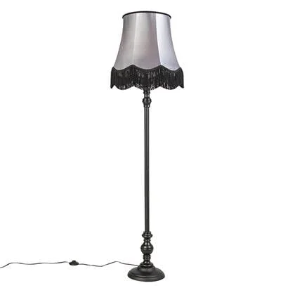 QAZQA Vloerlamp zwart met Granny kap zwart met grijs - Classico