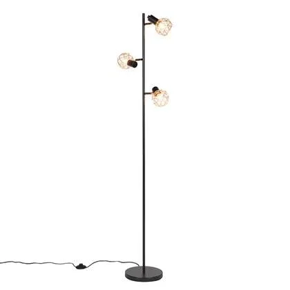 QAZQA Vloerlamp zwart met koper 3-lichts - Mesh